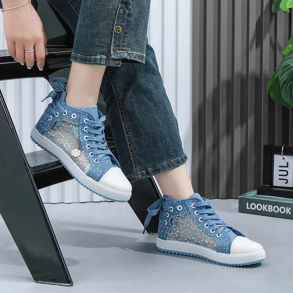 2024🔥New🔥Lace Mesh Breathable High Top Women's Canvas Shoes