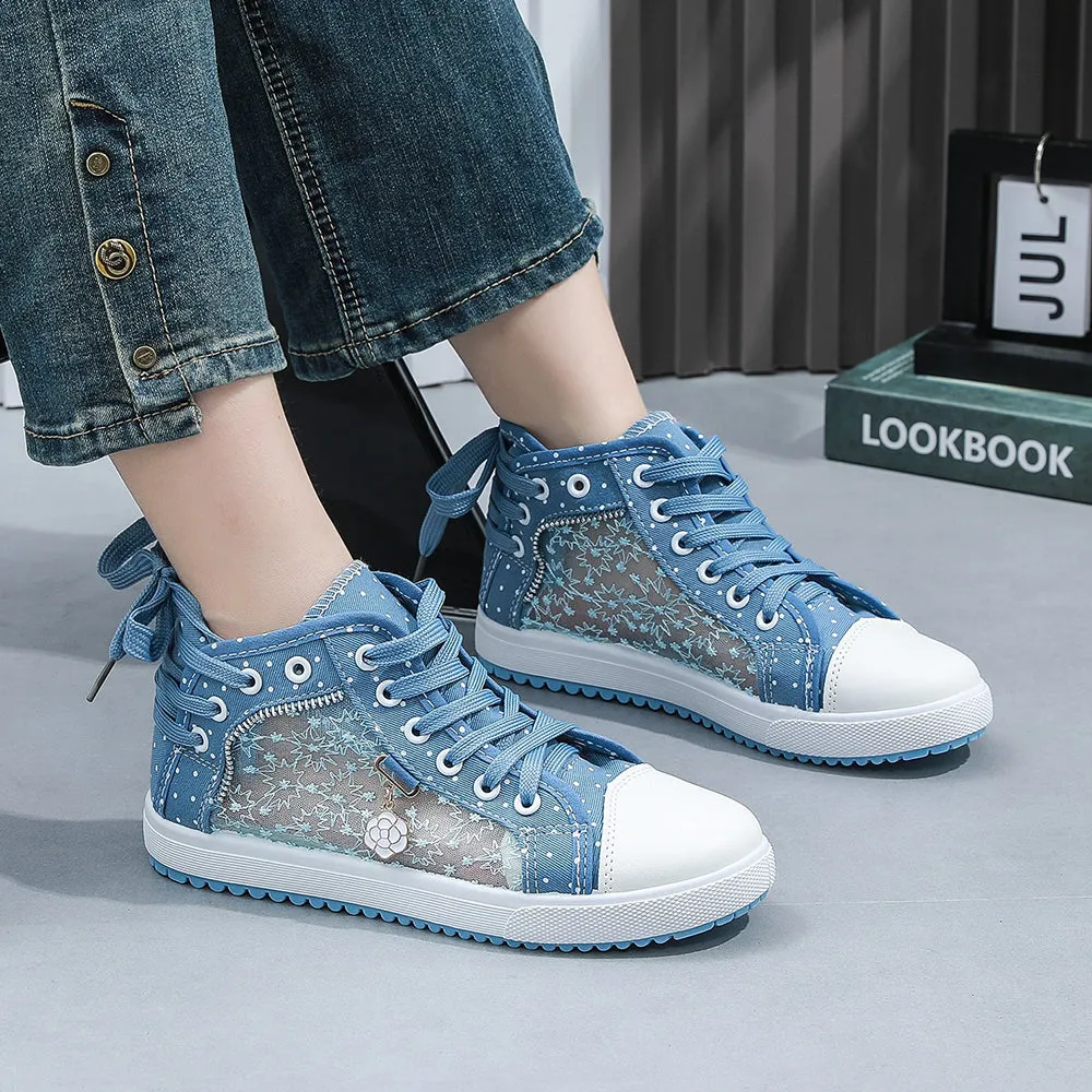 2024🔥New🔥Lace Mesh Breathable High Top Women's Canvas Shoes