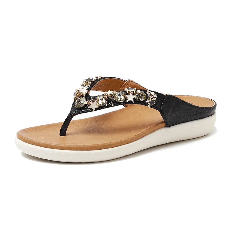 Cilool Beaded Rhinestone Bohemian Seaside Beach Flip-flops