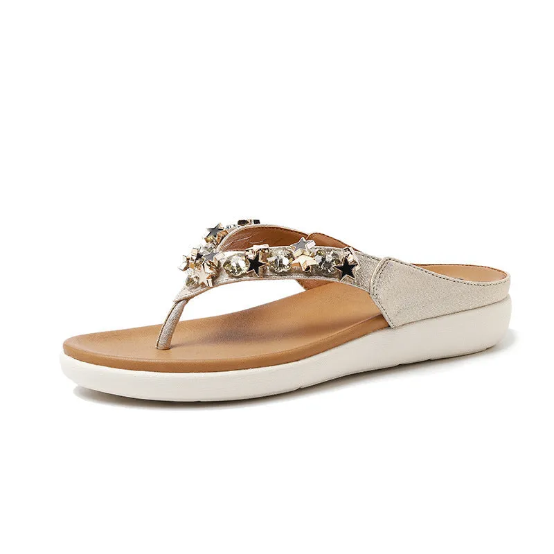 Cilool Beaded Rhinestone Bohemian Seaside Beach Flip-flops