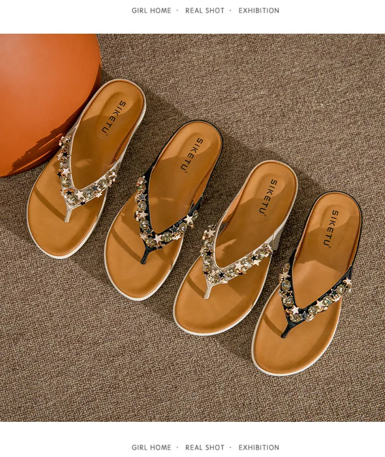 Cilool Beaded Rhinestone Bohemian Seaside Beach Flip-flops