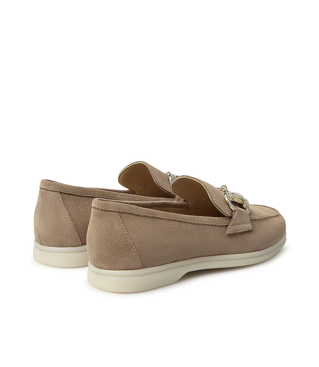 Crystal-embellished Beige suede loafers