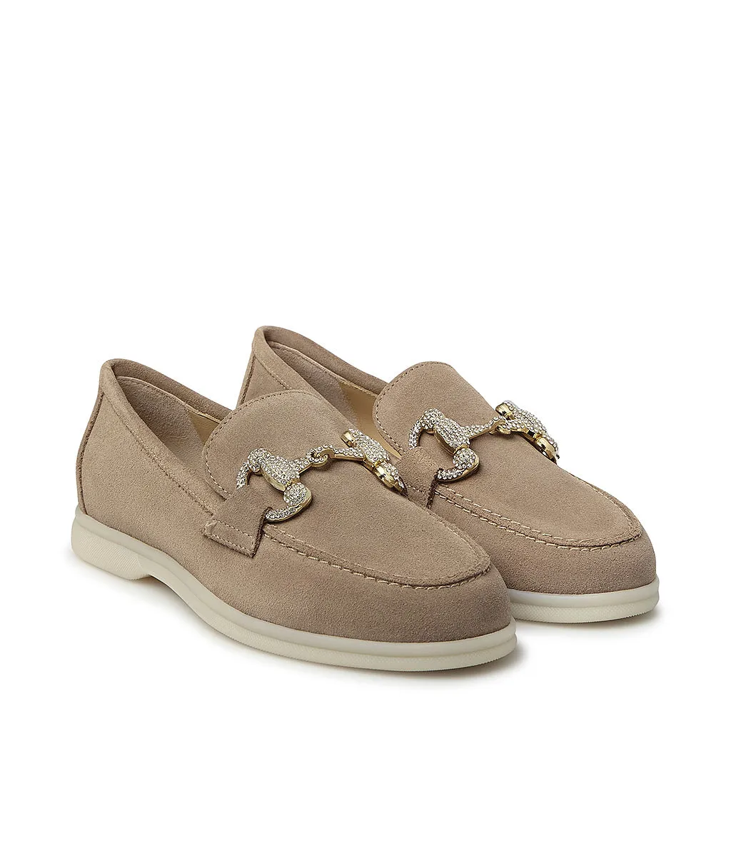 Crystal-embellished Beige suede loafers