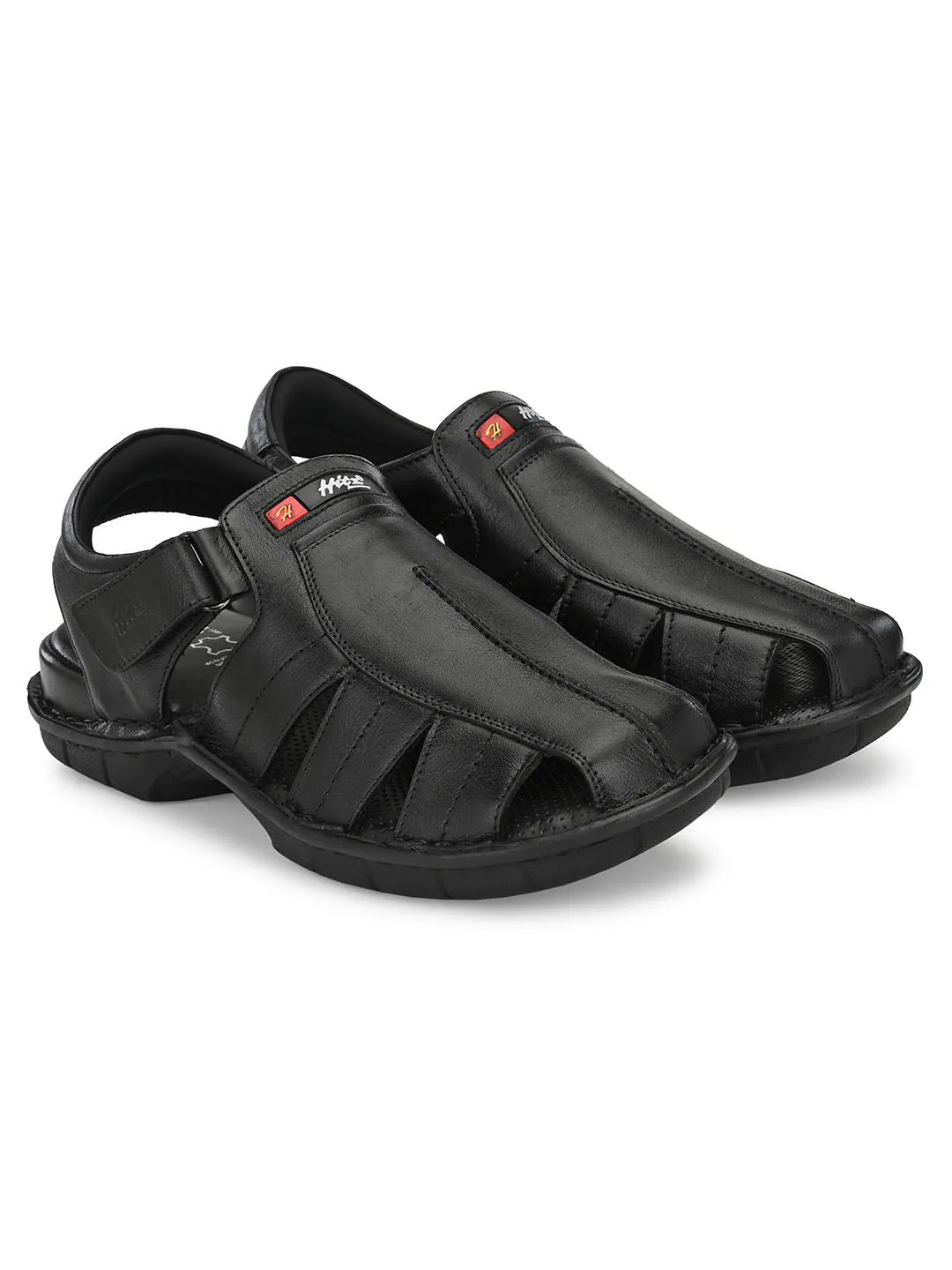 HITZ9601 Men's Black Leather Casual Velcro Sandals