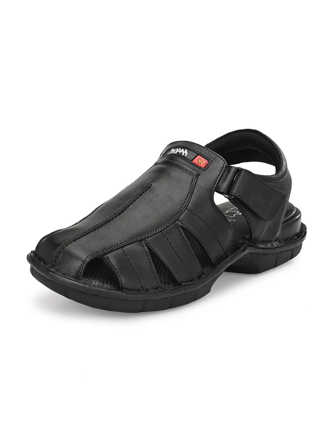 HITZ9601 Men's Black Leather Casual Velcro Sandals