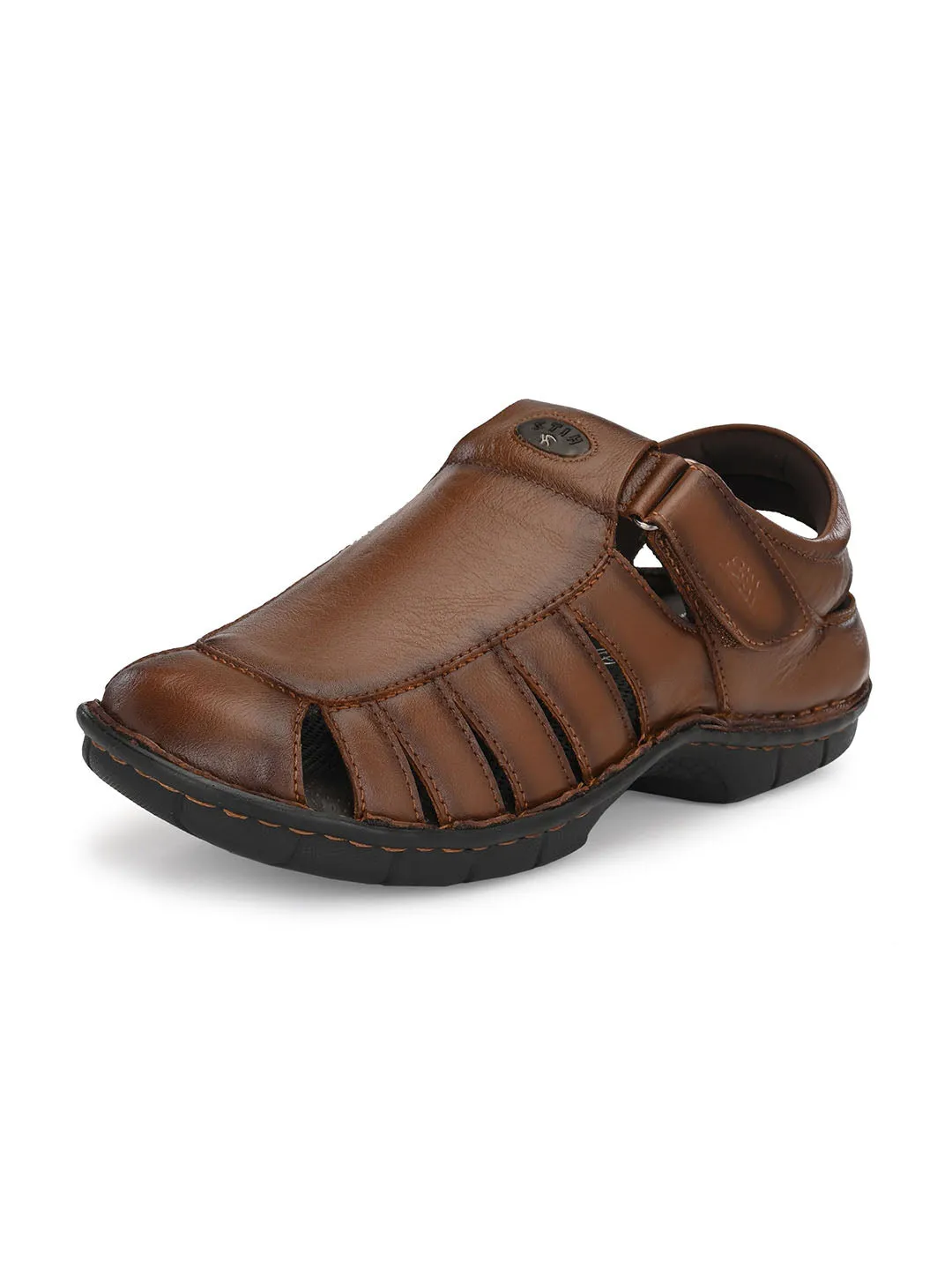 HITZ9603 Men's Tan Leather Casual Velcro Sandals