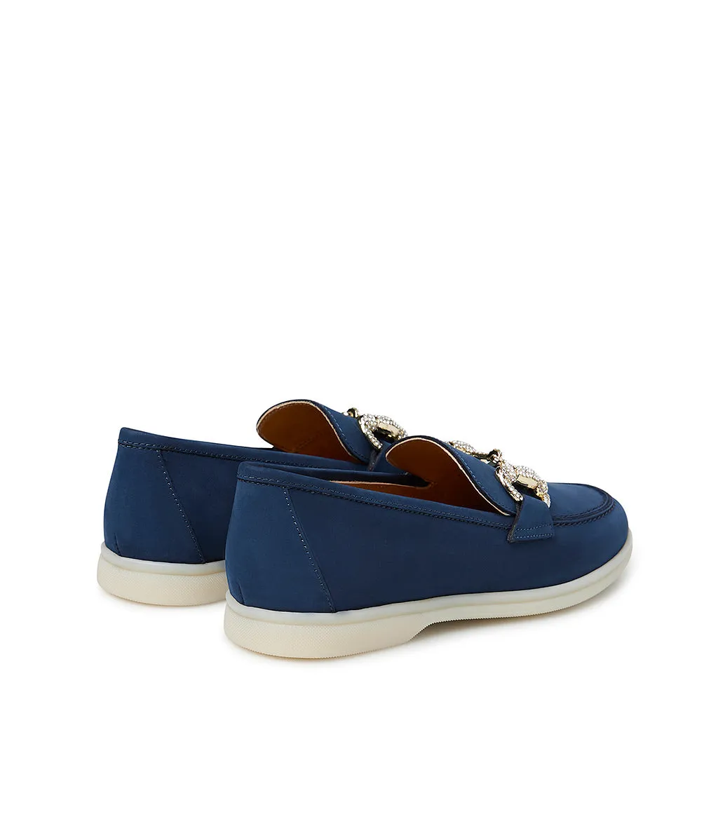 Jewel-buckle blue nubuck leather loafers