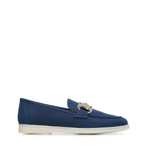 Jewel-buckle blue nubuck leather loafers