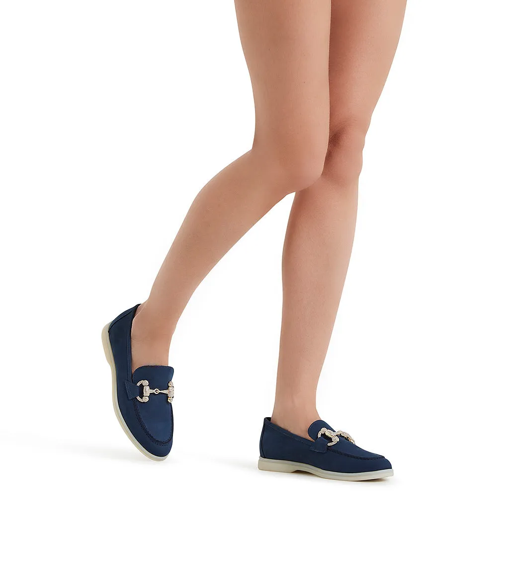 Jewel-buckle blue nubuck leather loafers