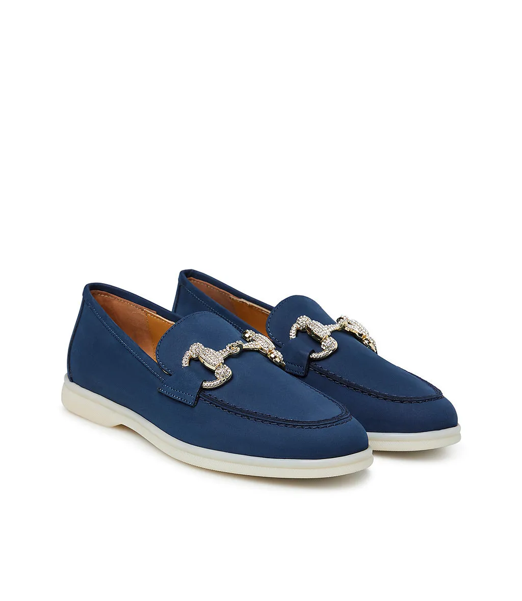Jewel-buckle blue nubuck leather loafers