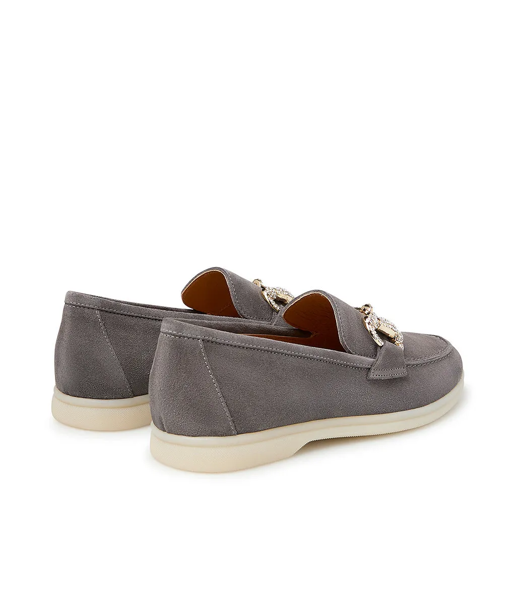 Jewel-buckle Grey suede loafers
