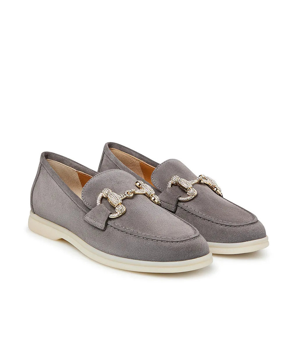 Jewel-buckle Grey suede loafers