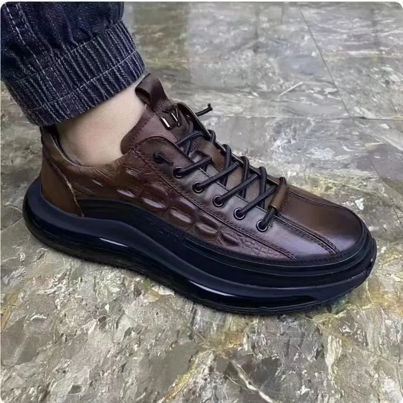 Men's Shoes: Winter Leather, Non-slip, Soft-soled, High-top, Business Casual Shoes, Trendy Versatile Textured Crocodile Leather Sneakers