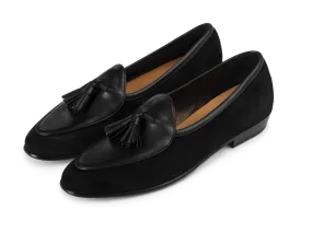 Sagan Classic Tassel Loafers in Obsidian Black Suede and Black Drape Calf with Rubber Grip