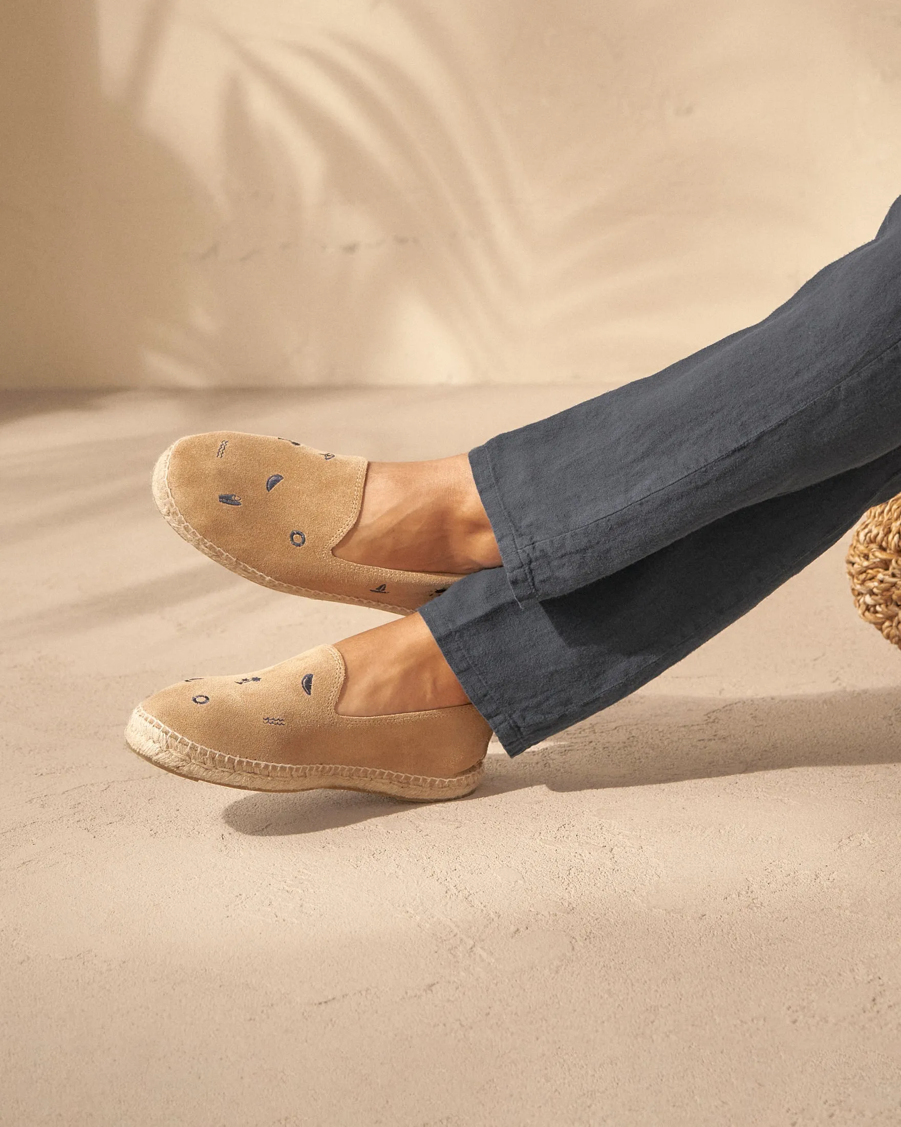 Suede Embroidered Espadrilles - Z56C0 - Palm Springs Washed Beige and Navy Summer Strickers