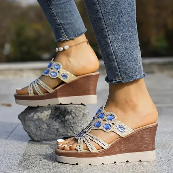Women's Casual Wedge Bohemian Rhinestone Slippers 87700026S