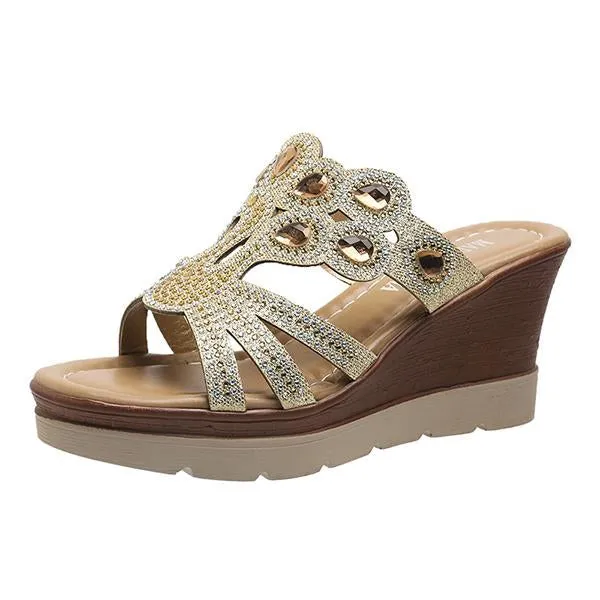 Women's Casual Wedge Bohemian Rhinestone Slippers 87700026S