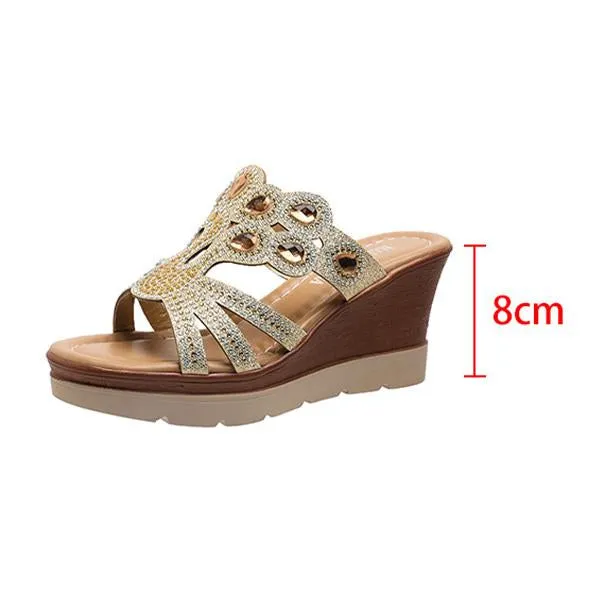 Women's Casual Wedge Bohemian Rhinestone Slippers 87700026S
