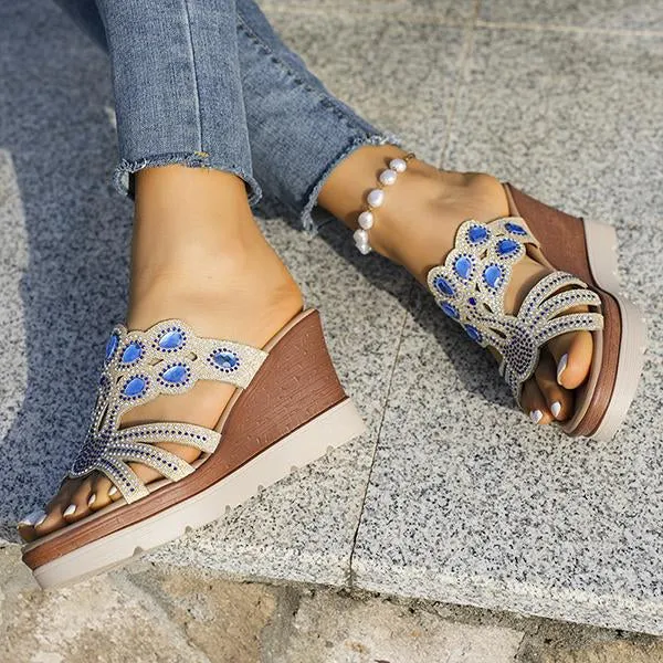 Women's Casual Wedge Bohemian Rhinestone Slippers 87700026S