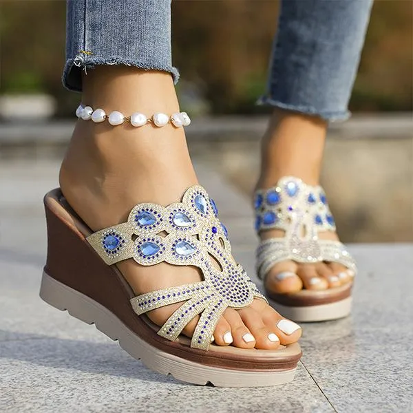 Women's Casual Wedge Bohemian Rhinestone Slippers 87700026S