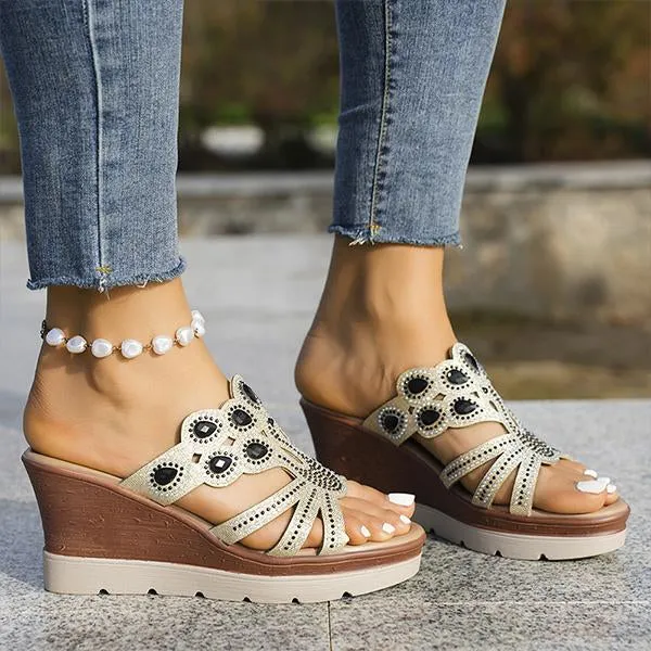 Women's Casual Wedge Bohemian Rhinestone Slippers 87700026S