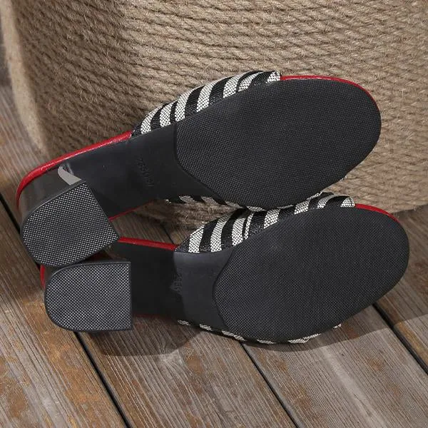 Women's Striped Linen Bow Block Heel Slippers 67884151S